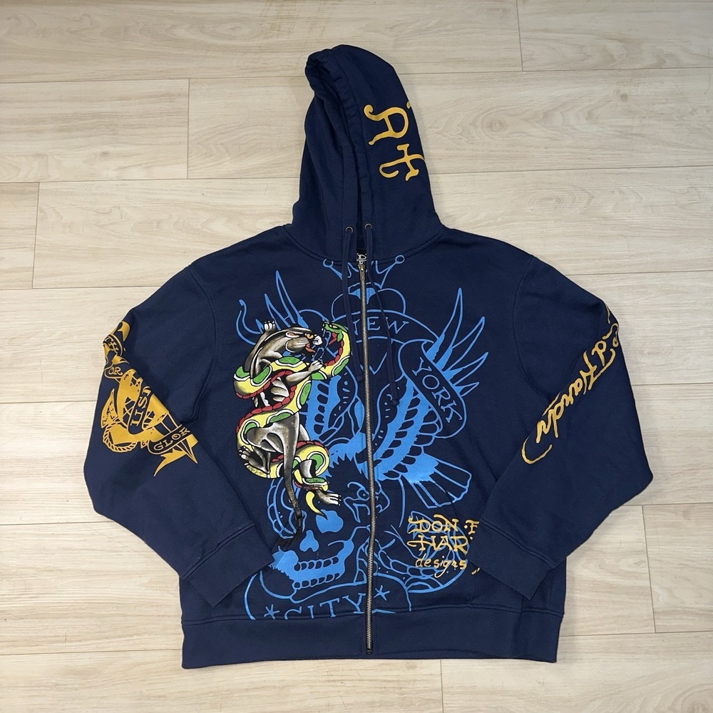 Ed Hardy Men's XL Full Zip Hoodie Navy Death Or Glory Bulldog USMC‎ Tattoo Y2K